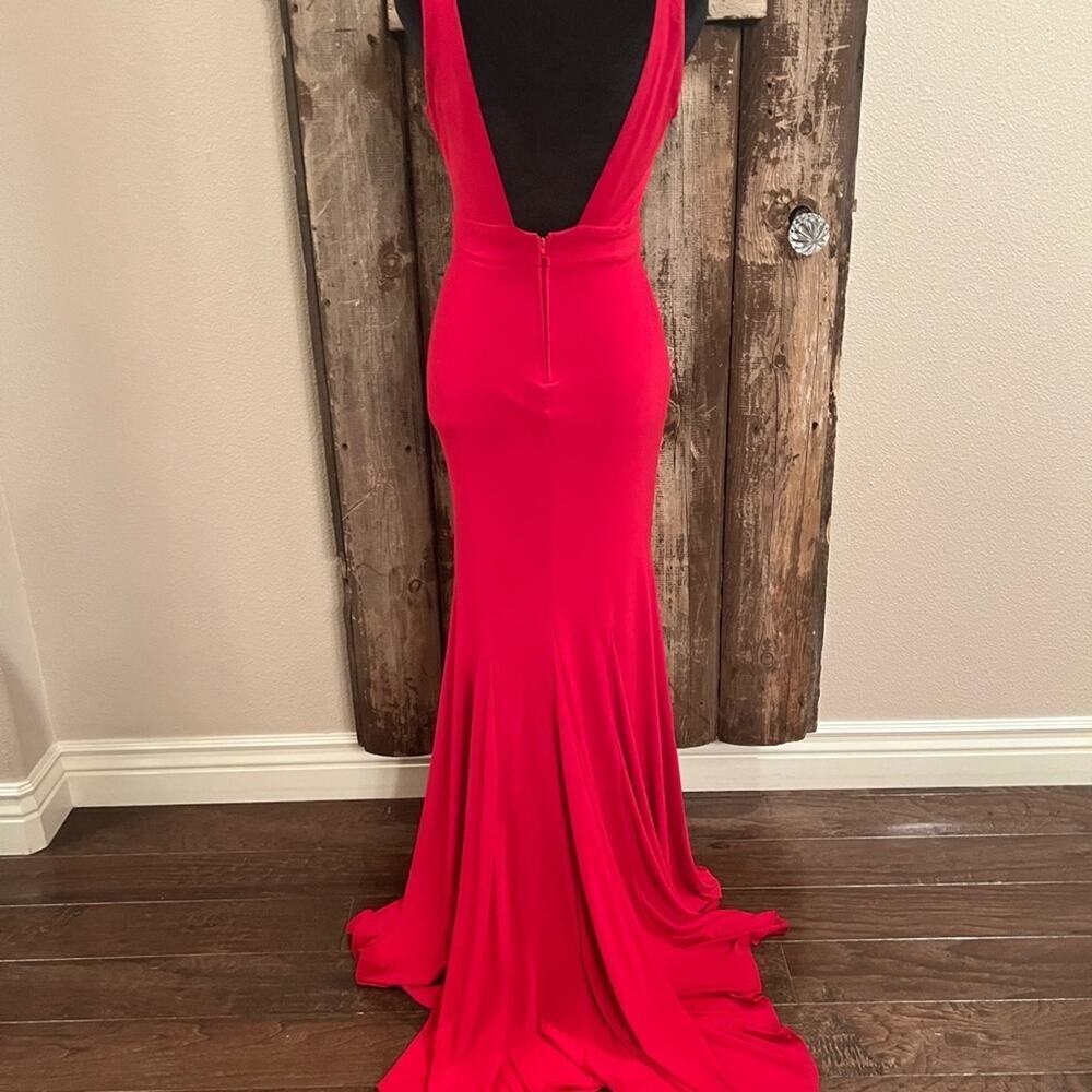 B. Darlin Long Mermaid Style Formal Red Dress Size 3/4 Low Cut Open Back - Picture 3 of 9